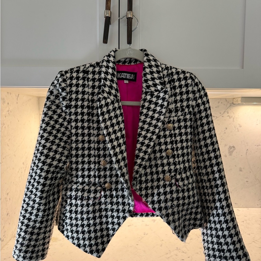 Katie J NYC Black and White Houndstooth Blazer with Pink Lining